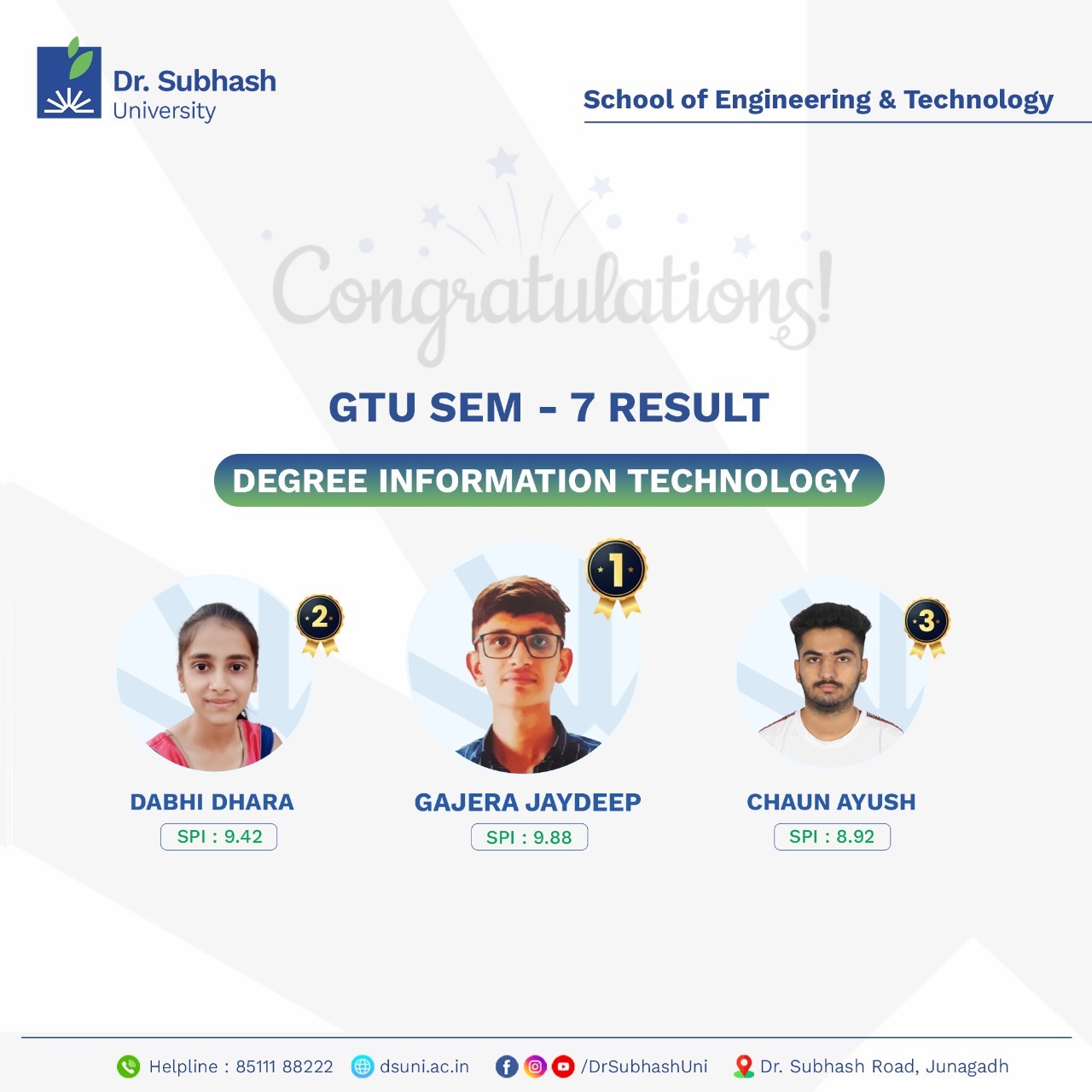 Dr. Subhash University, DSU, Information Technology, IT students, Semester 7, GTU Results, top rankers, digital innovators, future tech leaders, problem solvers, best private university in Gujarat, IT department, hands-on learning, industry exposure, modern IT labs, real-world applications, expert faculty, internships, live projects, technical expertise, digital world, academic excellence