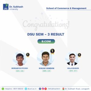 B.Com results, B.Com Semester 3, commerce excellence, best private university in Gujarat, Dr. Subhash University, commerce education, B.Com toppers, commerce achievements, business education, SGPA results, commerce and management studies, top commerce university, academic excellence, future business leaders, commerce students, B.Com program, entrepreneurship education, business success, commerce institute in Gujarat, career in commerce