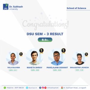 B.Sc. Semester 3 results, DSU academic excellence, best private university in Gujarat, Dr. Subhash University, top B.Sc. students, science education in Gujarat, DSU science department, academic achievers at DSU, innovative science education, industry-driven learning, career opportunities in science, research and development at DSU, SGPA toppers DSU, top science university in Gujarat, DSU research initiatives, best university for B.Sc., DSU student success, science innovation at DSU, higher education in Gujarat, DSU campus facilities 