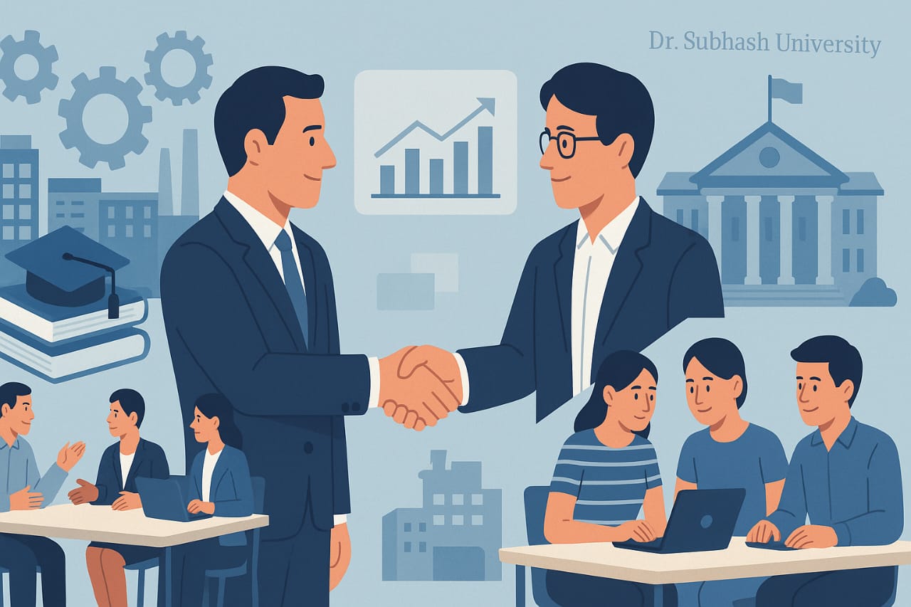 industry-academia collaboration, real-world learning for students, industry partnerships in education, hands-on learning, practical education, internships for students, live projects, industry exposure, skill development programs, industry-integrated curriculum, Dr. Subhash University, best private university in Gujarat, corporate mentorship, industry visits, guest lectures, employability skills, academic-industry tie-ups, research collaborations, innovation in education, student placement success, collaborative educational models, entrepreneurship development, future-ready graduates