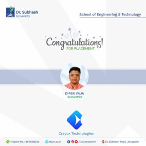 Creyox Technologies placement, Dr. Subhash University placement, best private university in Gujarat, engineering placements Gujarat, software company placement, tech company hiring freshers, campus placement success, School of Engineering & Technology Junagadh, student success stories Gujarat, IT placement in Gujarat, industry-driven curriculum, placement cell success, top engineering colleges in Gujarat, job-ready graduates, technology career launch, private university with best placements, student industry exposure, mock interview training, IT jobs for freshers, Creyox Technologies careers