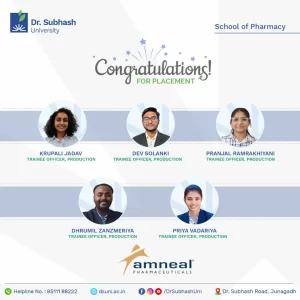Dr. Subhash University, best private university in Gujarat, School of Pharmacy DSU, pharmacy placement news, Amneal Pharmaceuticals placement, pharmacy students Gujarat, pharmaceutical industry careers, pharmacy education in Gujarat, B.Pharm colleges in Gujarat, top pharmacy college Junagadh, clinical research training, industrial pharmacy program, pharmacovigilance education, drug design and development, pharmacy internship opportunities, healthcare sector careers, DSU pharmacy achievements, pharmaceutical research training, placement success pharmacy, pharmacy graduates Gujarat

