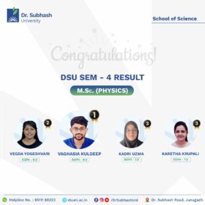 M.Sc. Physics topper, M.Sc. Physics Dr. Subhash University, best private university in Gujarat, School of Science Dr. Subhash University, Physics topper Gujarat, academic excellence in Physics, Physics student success, Physics semester topper, top Physics college Gujarat, Physics education Gujarat, Physics research university Gujarat, M.Sc. Physics program, Physics achievement Gujarat, Physics student recognition, science topper Gujarat, postgraduate Physics Gujarat, DSU Physics department, Physics practical learning, Physics brilliance DSU