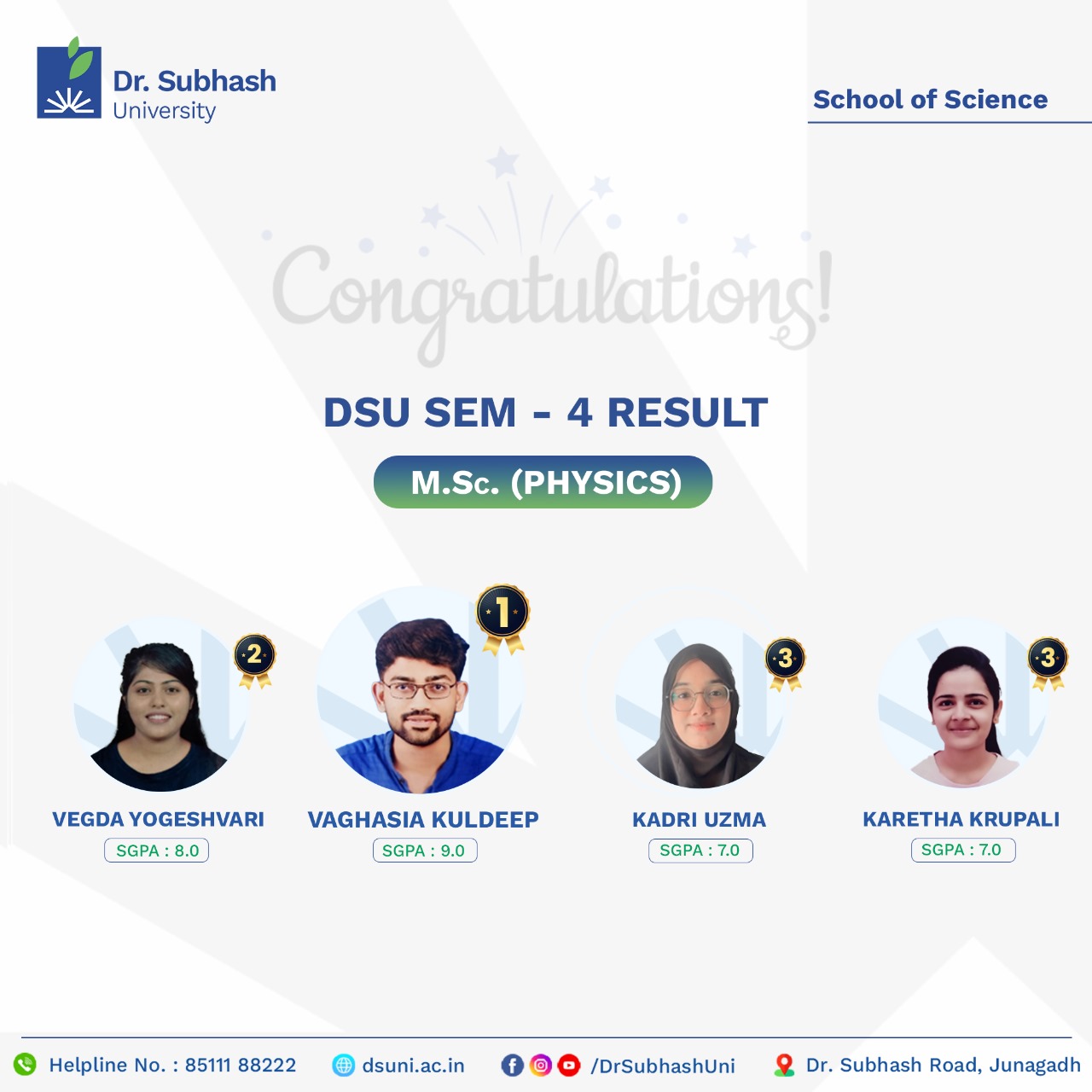 M.Sc. Physics topper, M.Sc. Physics Dr. Subhash University, best private university in Gujarat, School of Science Dr. Subhash University, Physics topper Gujarat, academic excellence in Physics, Physics student success, Physics semester topper, top Physics college Gujarat, Physics education Gujarat, Physics research university Gujarat, M.Sc. Physics program, Physics achievement Gujarat, Physics student recognition, science topper Gujarat, postgraduate Physics Gujarat, DSU Physics department, Physics practical learning, Physics brilliance DSU