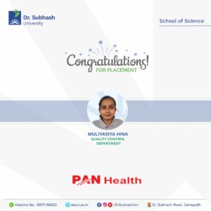 Dr. Subhash University placements, science graduate placement DSU, Pan Health Pvt. Ltd. job, School of Science DSU, healthcare sector placement Gujarat, pharmaceutical jobs for science students, best private university in Gujarat, DSU Junagadh placement news, science career opportunities Gujarat, industry-ready science graduates, top science colleges in Gujarat, student success stories DSU, DSU School of Science, DSU career support, DSU placement cell, science jobs after graduation, Pan Health Pvt. Ltd. career, DSU student achievement, healthcare and pharma jobs Gujarat