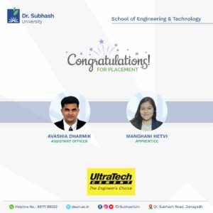 DSU placement news, Dr. Subhash University placements, Ultratech Cement placement, engineering placement Junagadh, best private university in Gujarat, engineering college placements Gujarat, DSU School of Engineering, civil engineering placements Gujarat, mechanical engineering job placements, electrical engineering career Gujarat, campus placement success story, Aditya Birla Group jobs, engineering students hired by Ultratech, Dr. Subhash University Junagadh, top engineering colleges Gujarat, industry-ready engineers Gujarat, engineering college with best placements, training and placement cell DSU, engineering education with industry tie-ups