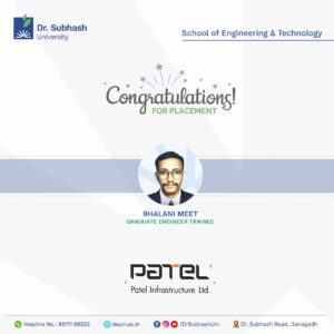 Patel Infrastructure placement, engineering placements Gujarat, Dr. Subhash University placement, best private university in Gujarat, construction engineering jobs, infrastructure careers India, School of Engineering and Technology DSU, civil engineering jobs Gujarat, DSU engineering success, top engineering colleges in Gujarat, placement in construction company, infrastructure development India, engineering student placed, technical education Gujarat, industry-ready engineers, job placement DSU, Patel Infrastructure Ltd careers, engineering curriculum Gujarat, campus recruitment success, practical engineering training DSU

