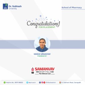 Dr. Subhash University, best private university in Gujarat, pharmacy placements Junagadh, Samanvay Hospital placement, School of Pharmacy Junagadh, hospital jobs for pharmacy students, clinical pharmacy training, pharmacy career Gujarat, hospital pharmacist placement, B.Pharm students placement, pharmacy students success, healthcare career Gujarat, pharmacy internships Junagadh, pharmaceutical education Gujarat, pharmacy students Junagadh, top pharmacy colleges Gujarat