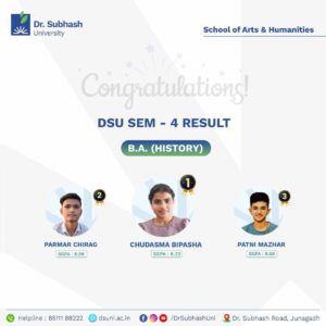 Dr. Subhash University, best private university in Gujarat, B.A. History toppers, History students Gujarat, top arts university Gujarat, School of Arts and Humanities, BA History program Junagadh, history education in Gujarat, academic achievers DSU, history scholars Gujarat, Semester 4 toppers History, critical thinking in history, experiential learning history, future leaders in history, DSU academic excellence, history degree Gujarat, historical research Gujarat, history faculty Junagadh, career in history education, DSU student success stories