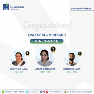 M.Sc Physics topper Dr. Subhash University, Physics department achievement Gujarat, best private university in Gujarat, School of Science Dr. Subhash University, Physics Semester 2 topper Junagadh, Physics education in Gujarat, top M.Sc Physics student Gujarat, Physics research and innovation university, Physics lab facilities Dr. Subhash University, physics career opportunities Gujarat, Quantum mechanics studies Dr. Subhash University, Physics faculty mentorship Gujarat, Physics academic excellence private university, Physics practical learning Gujarat, Dr. Subhash University student achievements, Physics NET and GATE preparation Gujarat, Physics PhD opportunities Gujarat, Physics infrastructure Dr. Subhash University, top science education university Gujarat, Physics success stories Junagadh