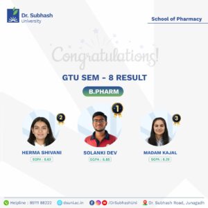 B.Pharm topper 2025, B.Pharm Semester 8 topper, top pharmacy student Gujarat, Dr. Subhash University, best private university in Gujarat, School of Pharmacy Junagadh, B.Pharm academic excellence, pharmacy student achievement, top pharmacy college Gujarat, B.Pharm result 2025 Gujarat, B.Pharm university topper, pharmaceutical education Gujarat, best B.Pharm college in Junagadh, top student B.Pharm Dr. Subhash University, B.Pharm course Gujarat, pharmacy student success story, future pharmacists in India, pharmacy career inspiration, pharmacy university rankings Gujarat, B.Pharm distinction student, top B.Pharm achiever Junagadh, academic toppers Gujarat private university, pharmacy education excellence, best pharmacy program Gujarat