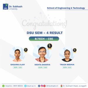 B.Tech CSE topper Junagadh, computer science topper Gujarat, best private university in Gujarat, Dr. Subhash University CSE, engineering student success story Gujarat, top CSE student Gujarat, semester 4 B.Tech topper, School of Engineering and Technology DSU, future tech leaders India, coding achiever Junagadh, top computer science student Gujarat, CSE academic excellence DSU, artificial intelligence education Gujarat, machine learning university Gujarat, cloud computing college Gujarat, engineering mentorship Gujarat, CSE practical learning Gujarat, computer science innovation Gujarat, best engineering college for CSE, B.Tech computer engineering Gujarat