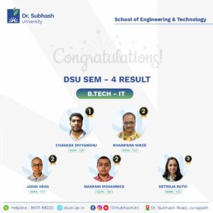 B.Tech IT topper Gujarat, top IT student Junagadh, Dr. Subhash University IT, best private university in Gujarat, IT semester 4 topper, School of Engineering and Technology DSU, B.Tech Information Technology Gujarat, top engineering college for IT, IT education in Gujarat, best IT college Junagadh, cloud computing university Gujarat, cybersecurity engineering Gujarat, big data analytics education Gujarat, IoT curriculum Gujarat, tech leadership university Gujarat, engineering success story Gujarat, DSU academic excellence, IT project-based learning Gujarat, future-ready IT graduates, top-performing IT student
