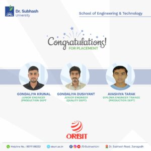 placement in Orbit Bearing India, Dr. Subhash University placement news, best private university in Gujarat, engineering placements Gujarat, Orbit Bearing India Pvt. Ltd. placement, student success story Dr. Subhash University, School of Engineering and Technology Junagadh, industry-ready graduates Gujarat, mechanical engineering jobs Gujarat, campus placement Dr. Subhash University, Orbit Bearing recruitment, engineering student hired by Orbit Bearing, top engineering college in Gujarat, private university with best placements, Orbit Bearing India careers, industry-academia collaboration Gujarat, engineering student achievements, Gujarat student job placement news, Orbit Bearing Junagadh recruitment, real-world training for engineering students