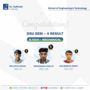 B.Tech Mechanical toppers Junagadh, best mechanical engineering college in Gujarat, top private university for engineering, Dr. Subhash University mechanical department, mechanical engineering semester 4 results, mechanical engineering education Gujarat, School of Engineering & Technology Junagadh, mechanical design training Gujarat, thermodynamics and fluid mechanics courses, mechanical engineering lab training, engineering toppers Gujarat, industry-ready engineers Gujarat, engineering students achievements Junagadh, top mechanical engineering students Gujarat, engineering workshops and projects Gujarat, best B.Tech program in Gujarat, mechanical engineering placements Gujarat, future engineers of Gujarat, best university for mechanical studies, top engineering talent Gujarat