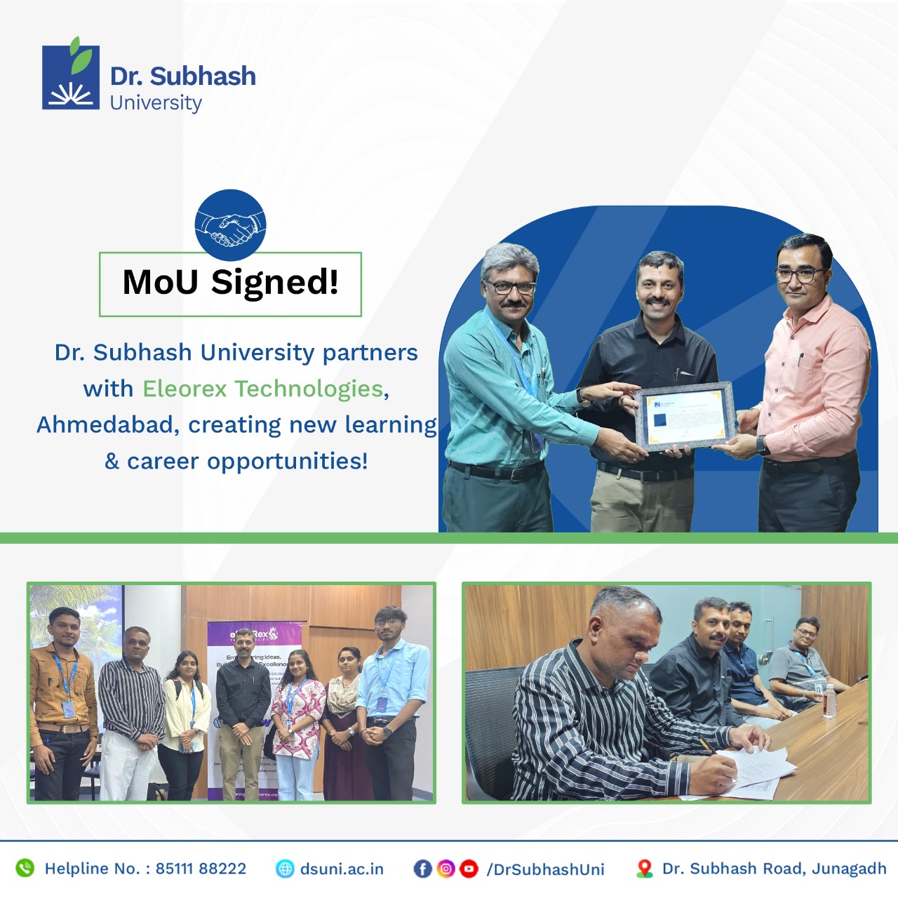 Dr. Subhash University, best private university in Gujarat, Eleorex Technologies Ahmedabad, university-industry collaboration Gujarat, MoU with Eleorex, academic-industry partnership, AI and machine learning education Gujarat, software development training for students, industrial training programs Gujarat, real-time project internships, future-focused education Gujarat, digital transformation in education, skill development for students, research and innovation labs, startup incubation center Gujarat, curriculum enhancement through industry, hands-on tech training, blockchain education Gujarat, cloud computing university program, IoT education in Gujarat, faculty development programs, tech workshops for students, innovation-driven academic programs, Gujarat tech education, joint research publications, industry-integrated curriculum