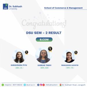 B.Com. toppers Dr. Subhash University, commerce and management university Gujarat, best private university in Gujarat, top B.Com. college in Junagadh, academic achievers Gujarat, B.Com. Semester 2 toppers, School of Commerce & Management Junagadh, commerce education in Gujarat, commerce toppers felicitation Gujarat, student success stories Gujarat universities, faculty mentorship in B.Com., holistic education in commerce, top-performing B.Com. students Gujarat, industry-ready commerce graduates, commerce and finance education Junagadh, extracurricular development in B.Com., Dr. Subhash University academic excellence, best commerce college in Gujarat, top ranking students Gujarat universities, Dr. Subhash University achievers