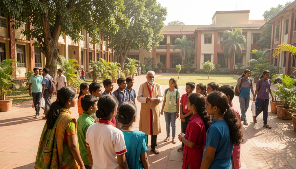 Professor speaking to engaged students outdoors.