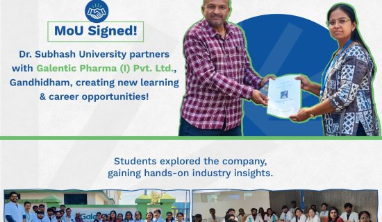 DSU industry collaboration, Galentic Pharma partnership, Dr. Subhash University, best private university in Gujarat, DSU MoU, pharmaceutical industry exposure, DSU student internships, industry-driven education, DSU industrial visit, pharma manufacturing training, quality control in pharma, pharmaceutical research opportunities, DSU student development, academic and industry collaboration, hands-on learning, career opportunities in pharma, skill development, future-ready professionals, DSU corporate partnerships, pharma sector innovation