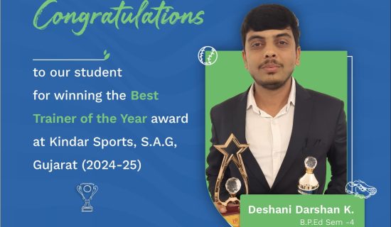 Best Trainer, Darshan Deshani, Kindar Sports S.A.G. Gujarat, Best Trainer of the Year Award, Dr. Subhash University, School of Physical Education, fitness trainer, sports training, physical education, fitness coaching, personal trainer, scientific training techniques, fitness goals, trainer achievement, sports excellence, Gujarat sports awards, fitness education, sports coaching, athlete training, health and fitness