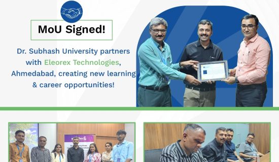 Dr. Subhash University, best private university in Gujarat, Eleorex Technologies Ahmedabad, university-industry collaboration Gujarat, MoU with Eleorex, academic-industry partnership, AI and machine learning education Gujarat, software development training for students, industrial training programs Gujarat, real-time project internships, future-focused education Gujarat, digital transformation in education, skill development for students, research and innovation labs, startup incubation center Gujarat, curriculum enhancement through industry, hands-on tech training, blockchain education Gujarat, cloud computing university program, IoT education in Gujarat, faculty development programs, tech workshops for students, innovation-driven academic programs, Gujarat tech education, joint research publications, industry-integrated curriculum