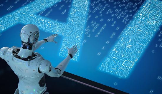 3d rendering humanoid robot with ai text in ciucuit pattern
